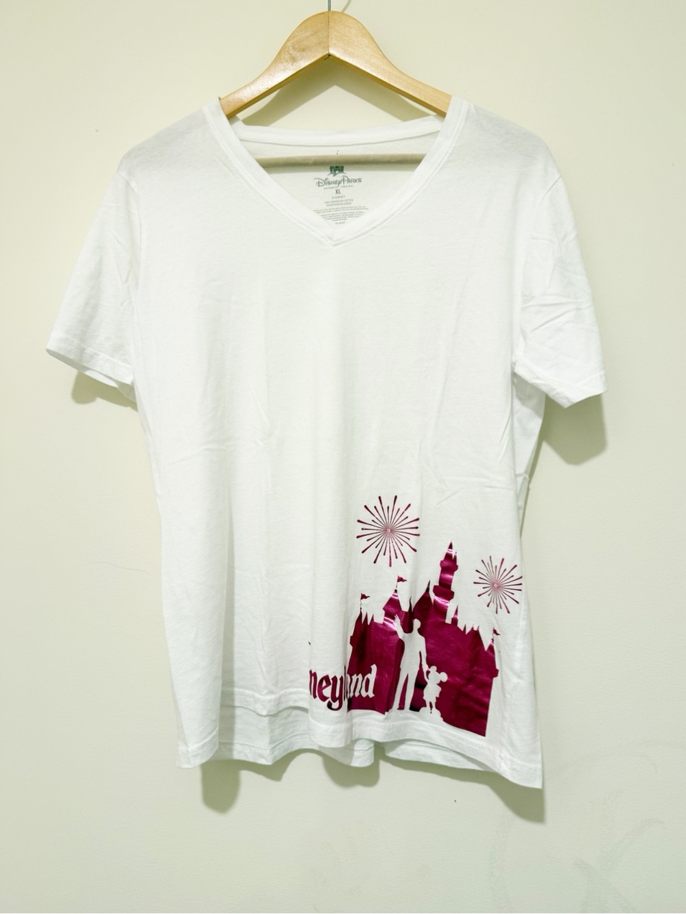 Disney White V-Neck Tee with Magenta Castle Graphic